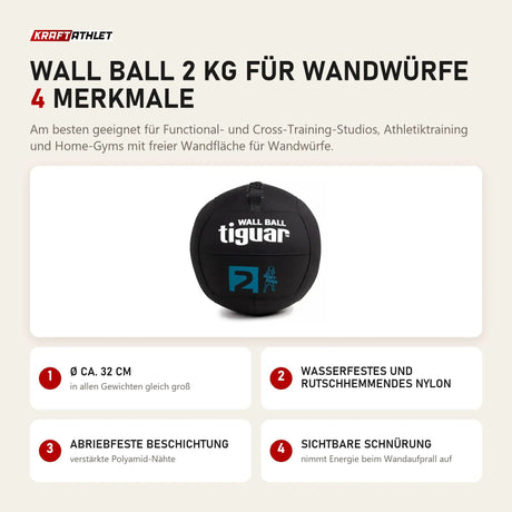 tiguar Wall Ball 2 kg für Wandwürfe mit 4 Merkmalen: Ø ca. 32 cm, Wasserfestes und rutschhemmendes Nylon, Abriebfeste Beschichtung, Sichtbare Schnürung