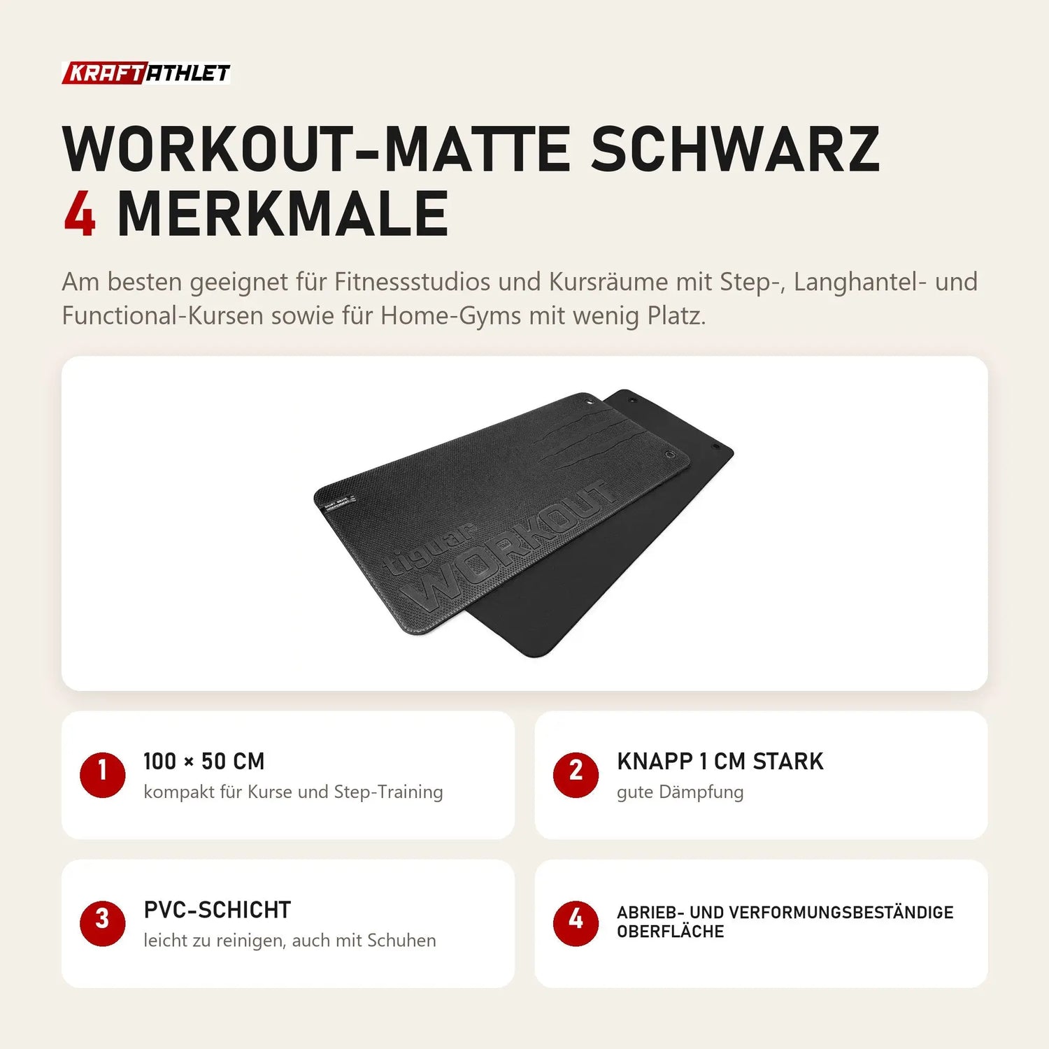 tiguar Workout-Matte Schwarz mit 4 Merkmalen: 100 × 50 cm, Knapp 1 cm stark, PVC-Schicht, Abrieb- und verformungsbeständige Oberfläche