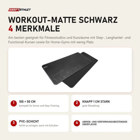 tiguar Workout-Matte Schwarz mit 4 Merkmalen: 100 × 50 cm, Knapp 1 cm stark, PVC-Schicht, Abrieb- und verformungsbeständige Oberfläche