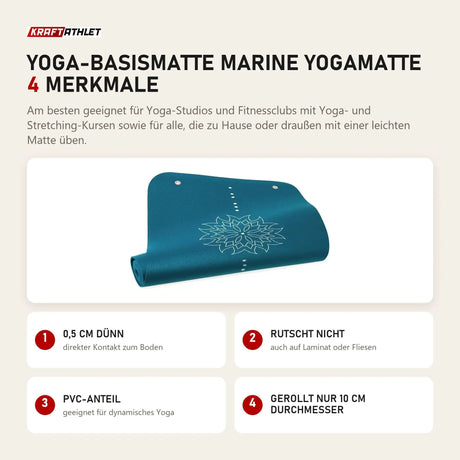 tiguar Yoga-Basismatte Marine Yogamatte mit 4 Merkmalen: 0,5 cm dünn, Rutscht nicht, PVC-Anteil, Gerollt nur 10 cm Durchmesser