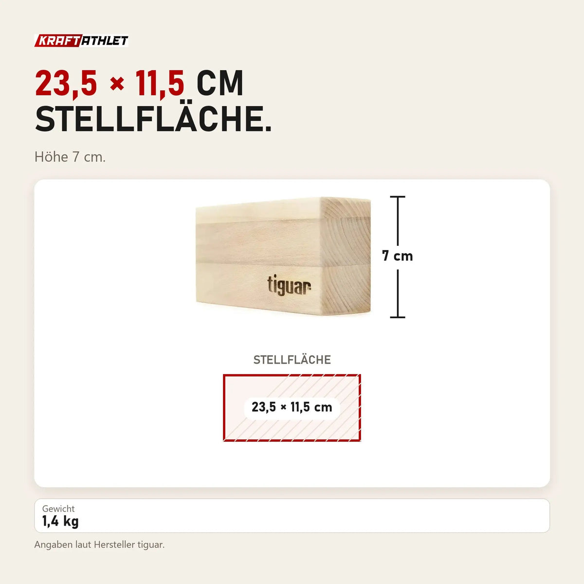 Maßbild tiguar Yoga Block Holz: Stellfläche 23,5 × 11,5 cm, Höhe 7 cm