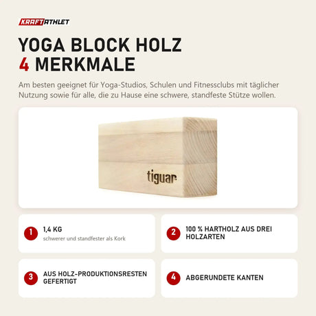 tiguar Yoga Block Holz mit 4 Merkmalen: 1,4 kg, 100 % Hartholz aus drei Holzarten, Aus Holz-Produktionsresten gefertigt, Abgerundete Kanten