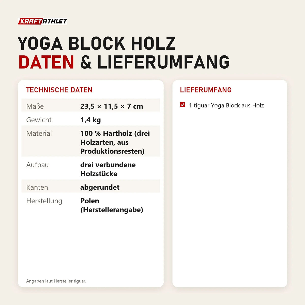 Technische Daten und Lieferumfang von tiguar Yoga Block Holz als Tabelle