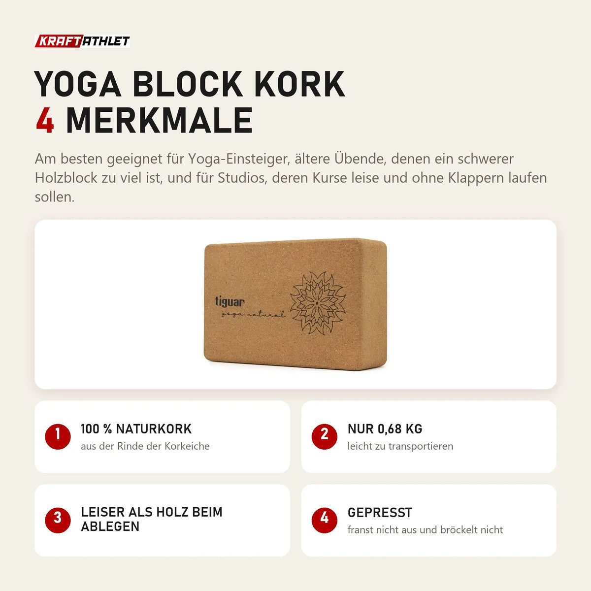 tiguar Yoga Block Kork mit 4 Merkmalen: 100 % Naturkork, Nur 0,68 kg, Leiser als Holz beim Ablegen, Gepresst