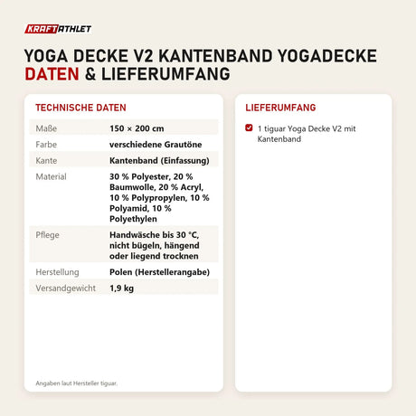 Technische Daten und Lieferumfang von tiguar Yoga Decke V2 Kantenband Yogadecke als Tabelle