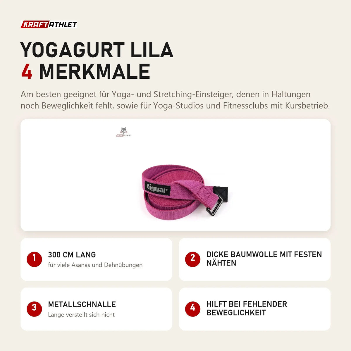 tiguar Yogagurt Lila mit 4 Merkmalen: 300 cm lang, Dicke Baumwolle mit festen Nähten, Metallschnalle, Hilft bei fehlender Beweglichkeit