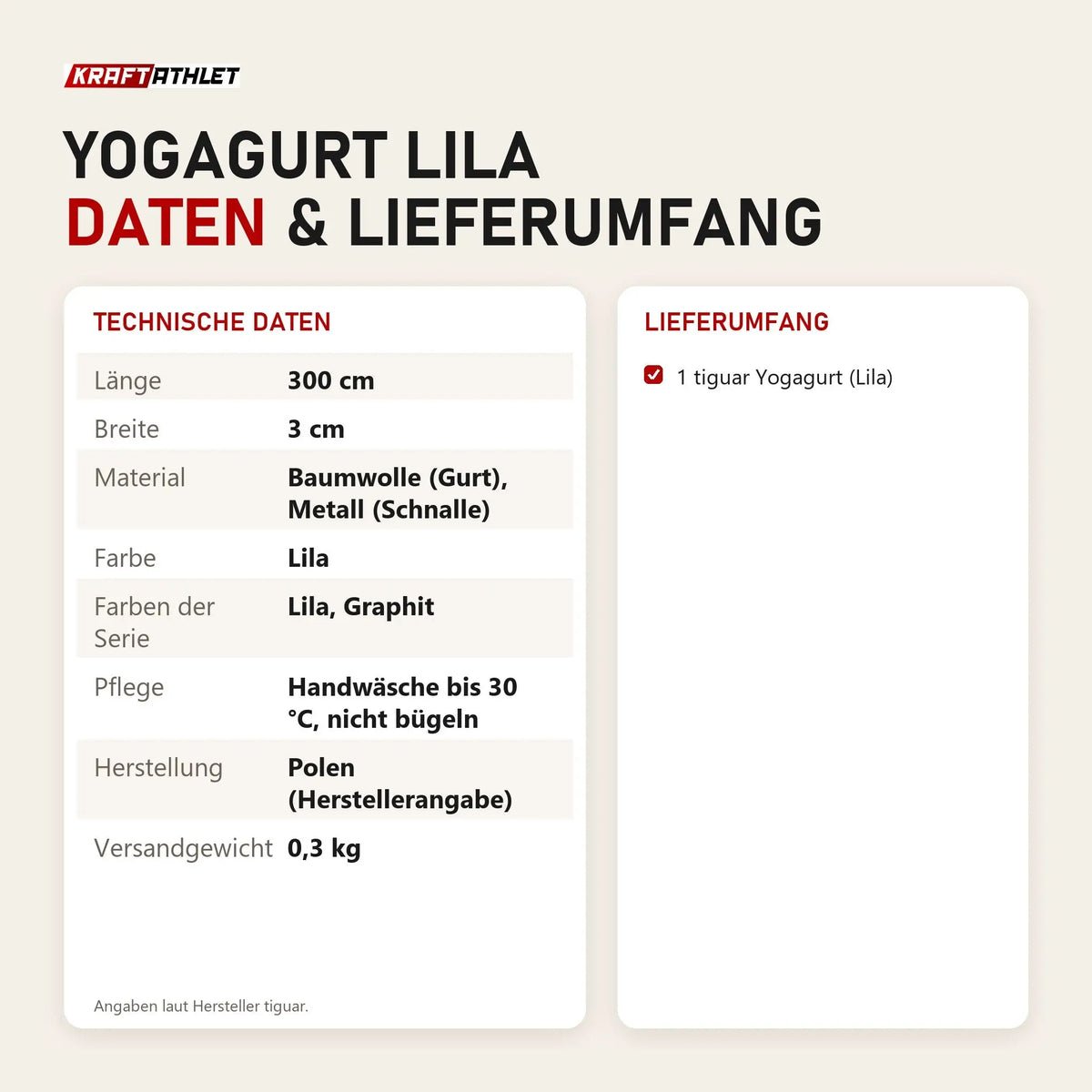 Technische Daten und Lieferumfang von tiguar Yogagurt Lila als Tabelle