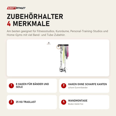 tiguar Zubehörhalter mit 4 Merkmalen: 8 Haken für Bänder und Seile, Haken ohne scharfe Kanten, 25 kg Traglast, Wandmontage