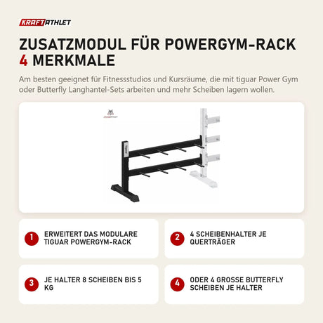 tiguar Zusatzmodul für Powergym-Rack mit 4 Merkmalen: Erweitert das modulare Powergym-Rack, 4 Scheibenhalter je Querträger, Je Halter 8 Scheiben bis 5 kg, Oder 4 große Butterfly Scheiben je Halter