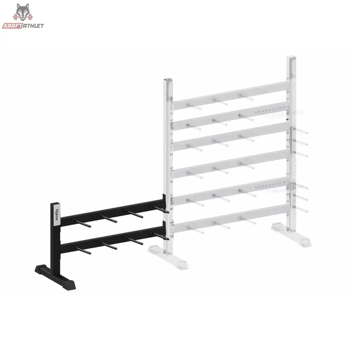 tiguar Zusatzmodul für Powergym-Rack in der Seitenansicht, angebaut an ein weißes Rack