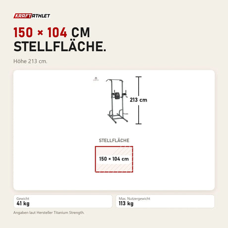 Maßbild Titanium Strength 115PM Klimmzugstation Deluxe: Stellfläche 150 × 104 cm, Höhe 213 cm