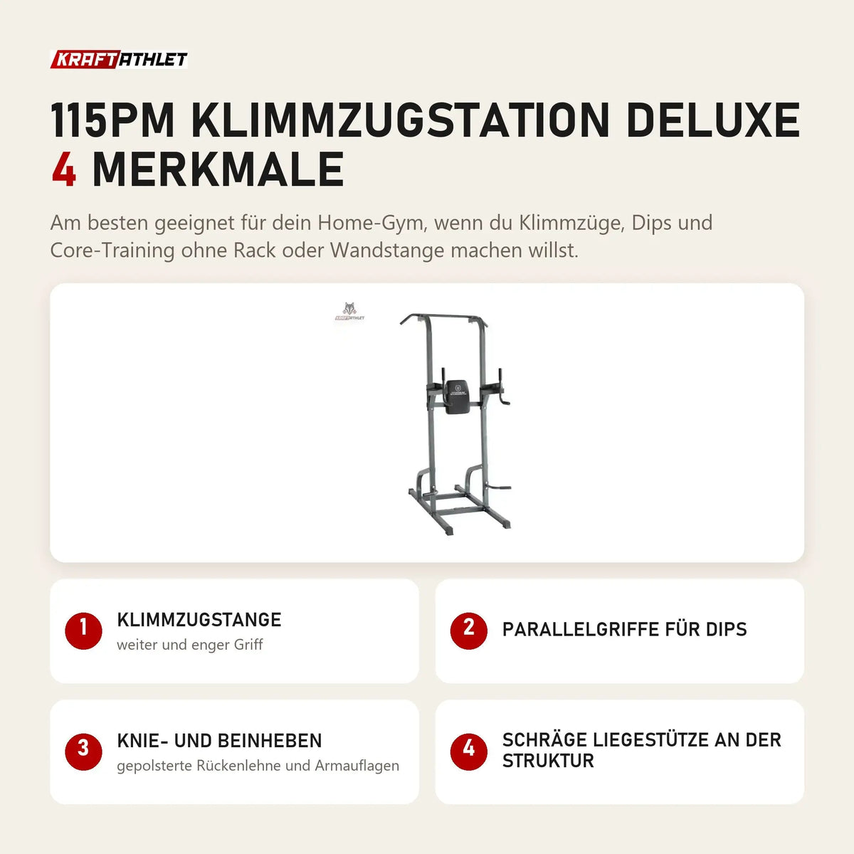 Titanium Strength 115PM Klimmzugstation Deluxe mit 4 Merkmalen: Klimmzugstange, Parallelgriffe für Dips, Knie- und Beinheben, Schräge Liegestütze an der Struktur