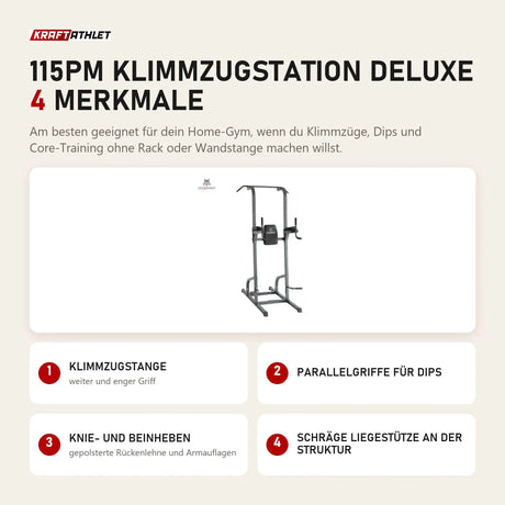 Titanium Strength 115PM Klimmzugstation Deluxe mit 4 Merkmalen: Klimmzugstange, Parallelgriffe für Dips, Knie- und Beinheben, Schräge Liegestütze an der Struktur