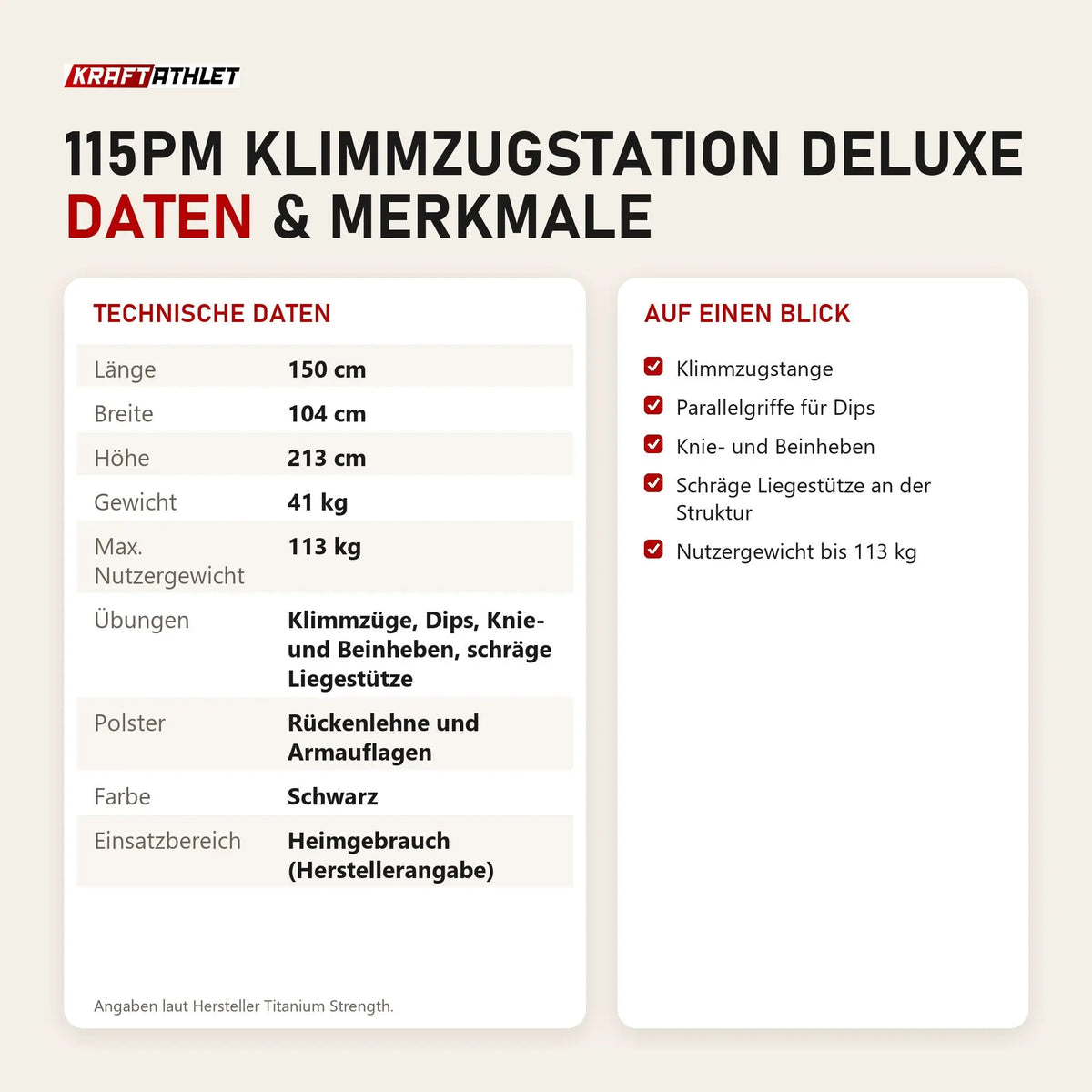 Technische Daten und Merkmale von Titanium Strength 115PM Klimmzugstation Deluxe als Tabelle