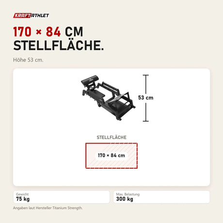 Maßbild Titanium Strength 120HT Hip Thrust Bank: Stellfläche 170 × 84 cm, Höhe 53 cm