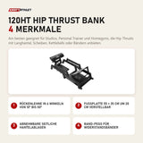 Titanium Strength 120HT Hip Thrust Bank mit 4 Merkmalen: Rückenlehne in 6 Winkeln von 10° bis 50°, Fußplatte 55 × 35 cm um 20 cm verstellbar, Abnehmbare seitliche Hantelablagen, Band-Pegs für Widerstandsbänder