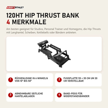 Titanium Strength 120HT Hip Thrust Bank mit 4 Merkmalen: Rückenlehne in 6 Winkeln von 10° bis 50°, Fußplatte 55 × 35 cm um 20 cm verstellbar, Abnehmbare seitliche Hantelablagen, Band-Pegs für Widerstandsbänder