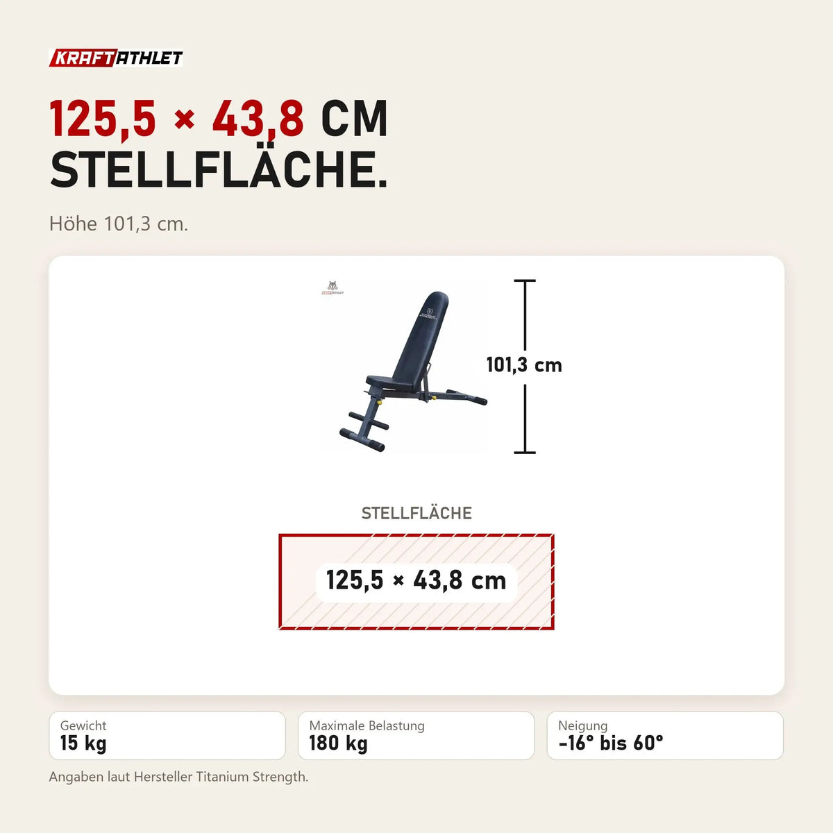 Maßbild Titanium Strength 130BM Klappbare FID-Bank: Stellfläche 125,5 × 43,8 cm, Höhe 101,3 cm