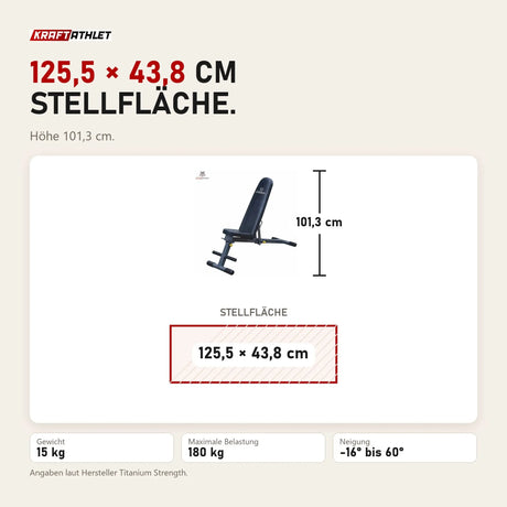 Maßbild Titanium Strength 130BM Klappbare FID-Bank: Stellfläche 125,5 × 43,8 cm, Höhe 101,3 cm