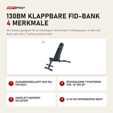 Titanium Strength 130BM Klappbare FID-Bank mit 4 Merkmalen: Zusammengeklappt nur 18,2 cm hoch, Rückenlehne 7 Positionen von -16° bis 60°, Komplett montiert geliefert, 15 kg mit integriertem Griff