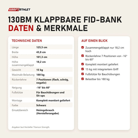 Technische Daten und Merkmale von Titanium Strength 130BM Klappbare FID-Bank als Tabelle