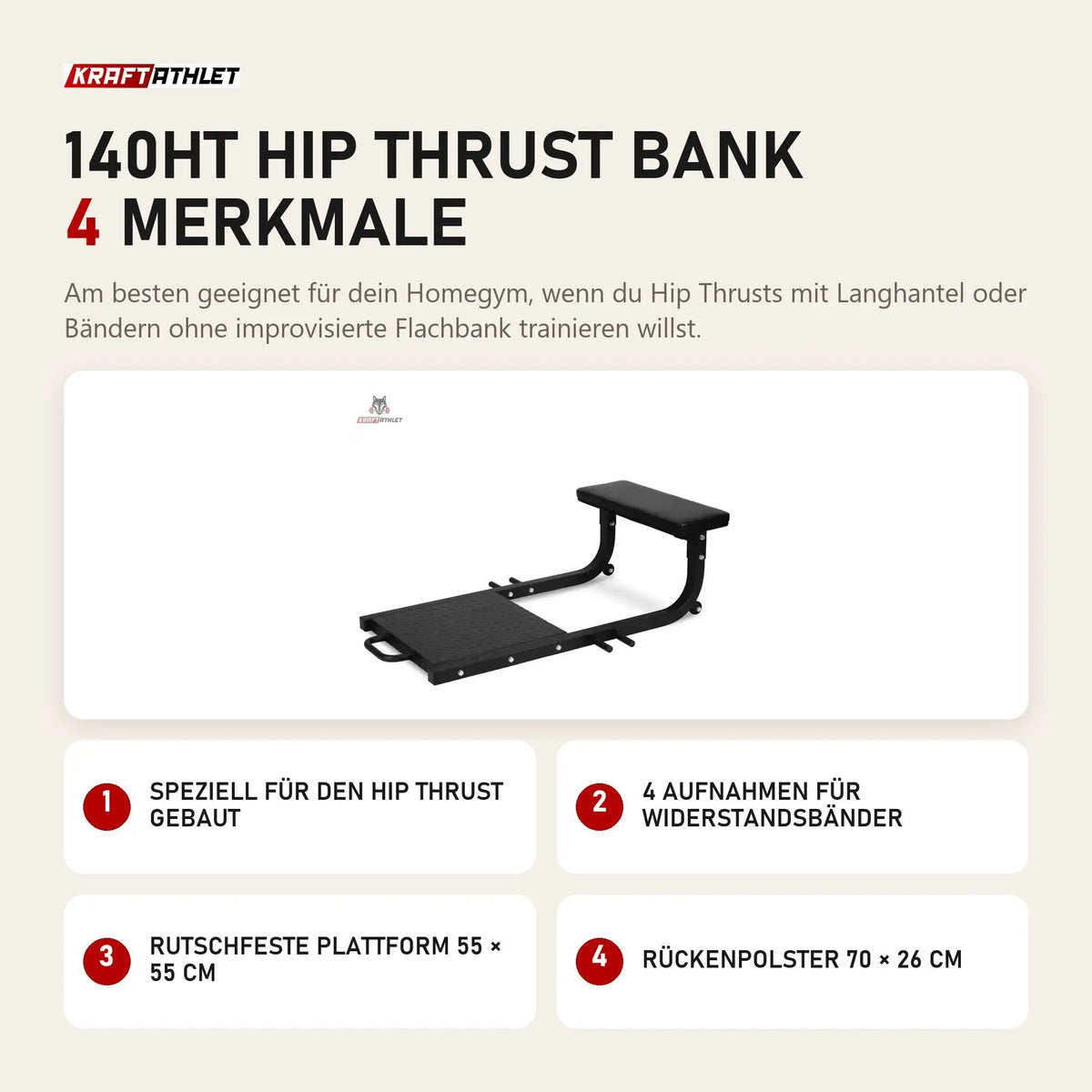 Titanium Strength 140HT Hip Thrust Bank mit 4 Merkmalen: Speziell für den Hip Thrust gebaut, 4 Aufnahmen für Widerstandsbänder, Rutschfeste Plattform 55 × 55 cm, Rückenpolster 70 × 26 cm