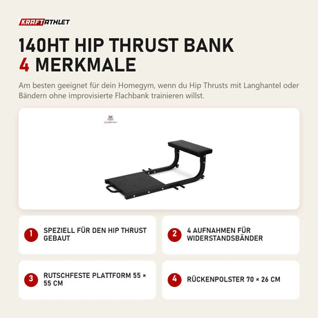 Titanium Strength 140HT Hip Thrust Bank mit 4 Merkmalen: Speziell für den Hip Thrust gebaut, 4 Aufnahmen für Widerstandsbänder, Rutschfeste Plattform 55 × 55 cm, Rückenpolster 70 × 26 cm