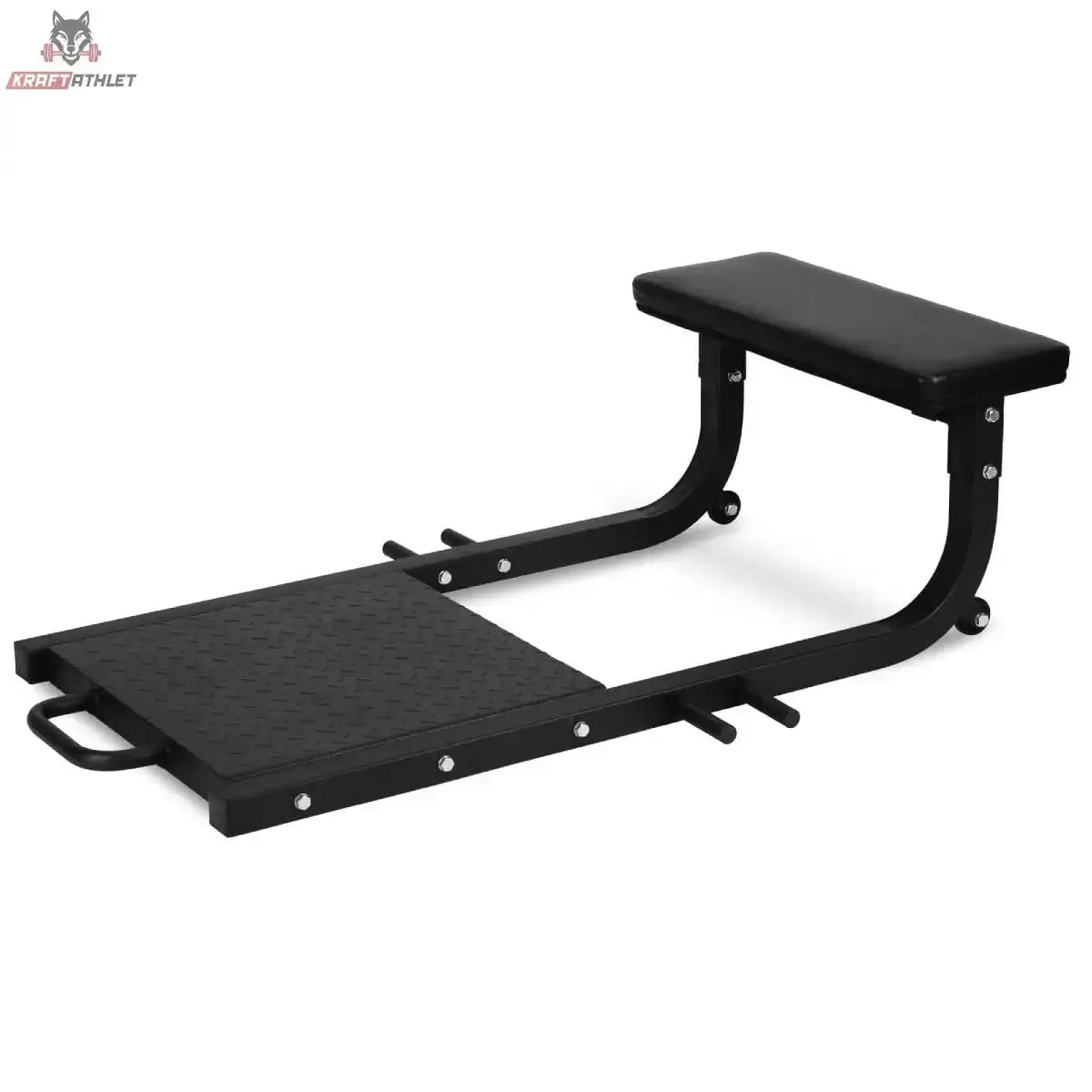 Titanium Strength 140HT Hip Thrust Bank in Schrägansicht mit Rückenpolster, rutschfester Standplatte und schwarzem Rahmen