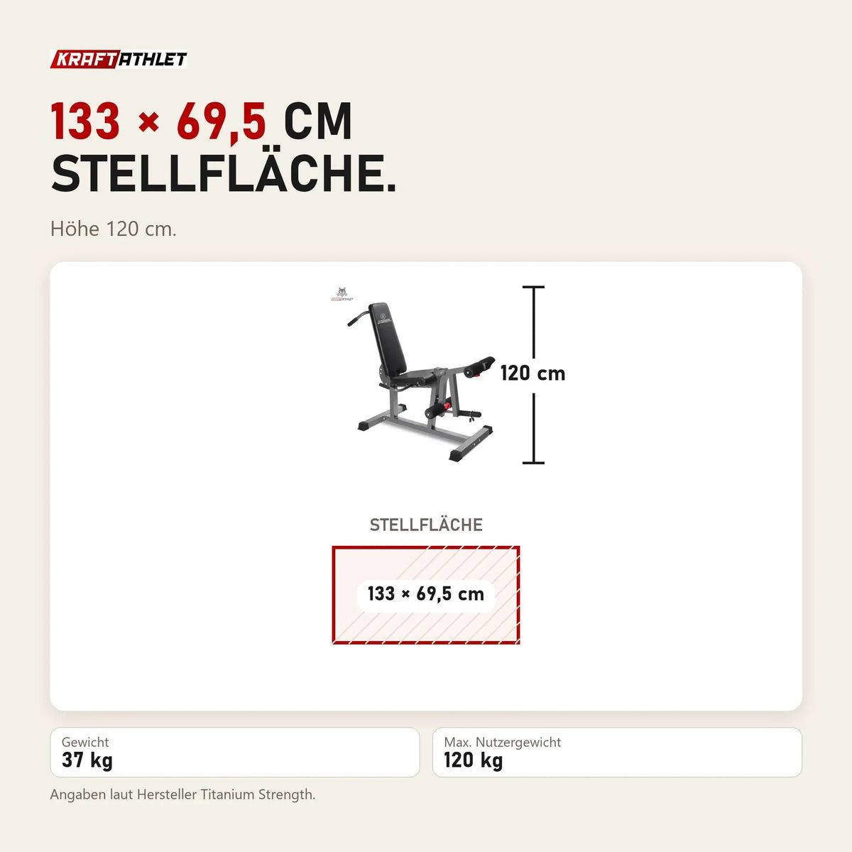 Maßbild Titanium Strength 150CF Evolution Beinstrecker- und Beinbeuger-Bank: Stellfläche 133 × 69,5 cm, Höhe 120 cm