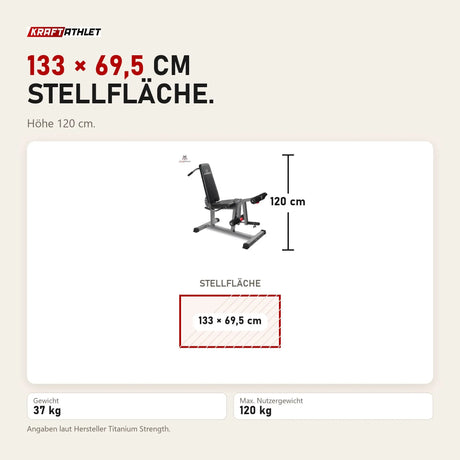 Maßbild Titanium Strength 150CF Evolution Beinstrecker- und Beinbeuger-Bank: Stellfläche 133 × 69,5 cm, Höhe 120 cm