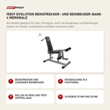 Titanium Strength 150CF Evolution Beinstrecker- und Beinbeuger-Bank mit 4 Merkmalen: Beinstrecker und liegender Beinbeuger, Rückenlehne in 5 Positionen, Rollen in Höhe und Tiefe verstellbar, Scheiben 25 mm und 50 mm