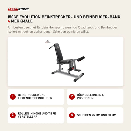 Titanium Strength 150CF Evolution Beinstrecker- und Beinbeuger-Bank mit 4 Merkmalen: Beinstrecker und liegender Beinbeuger, Rückenlehne in 5 Positionen, Rollen in Höhe und Tiefe verstellbar, Scheiben 25 mm und 50 mm