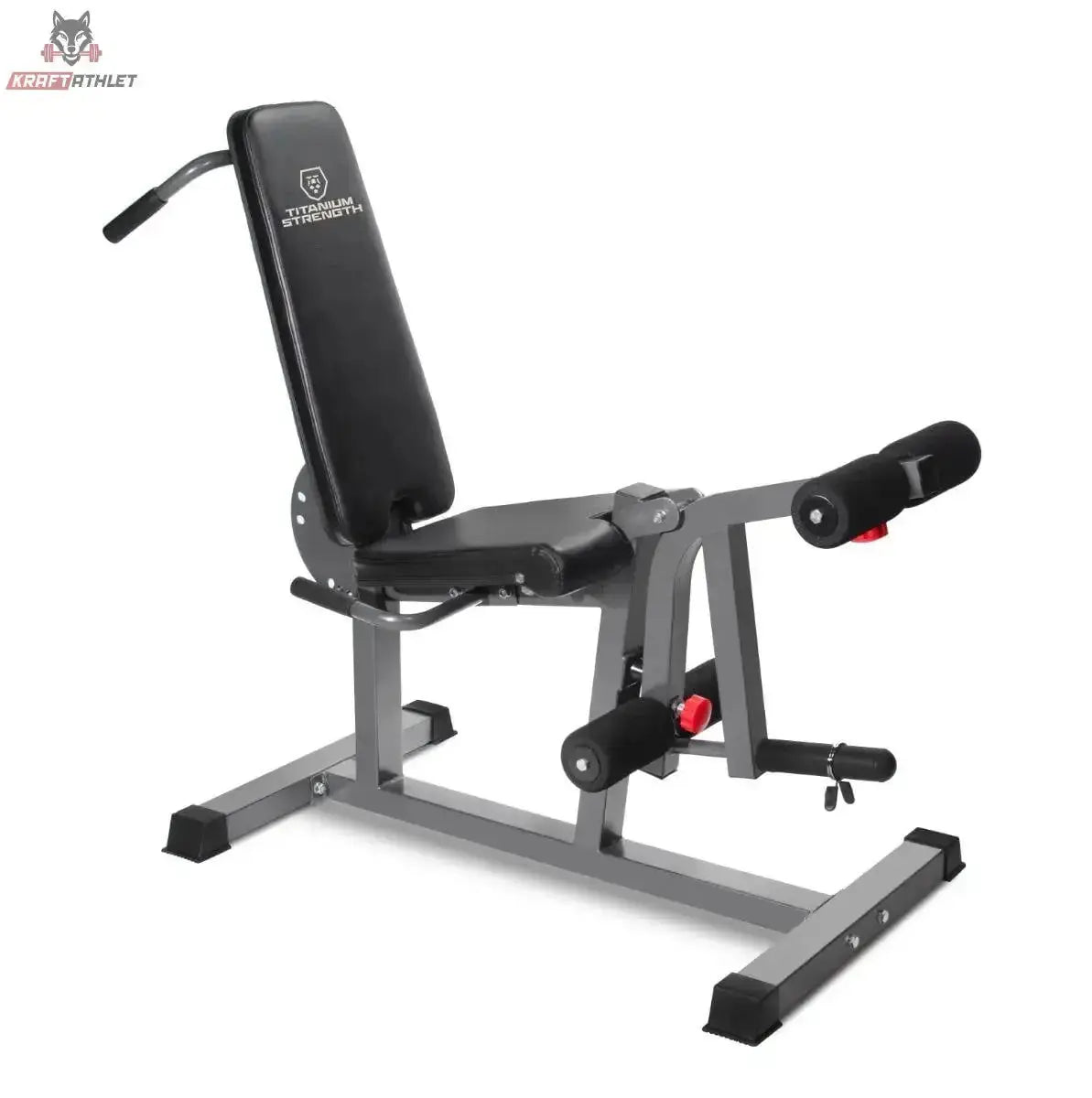 Titanium Strength 150CF Evolution Beinstrecker- und Beinbeuger-Bank: graues Gestell mit Sitz, Rückenlehne und Beinrollen, Schrägansicht