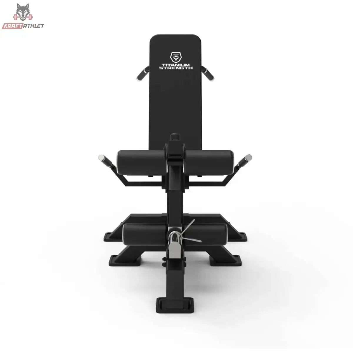 Titanium Strength 150X Dual Leg Extension & Prone Leg Curl Bank, Frontansicht mit Rückenlehne und seitlichen Haltegriffen