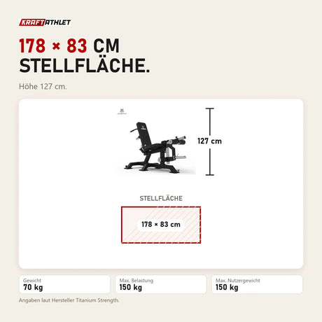 Maßbild Titanium Strength 150X Dual Leg Extension & Prone Leg Curl Bank: Stellfläche 178 × 83 cm, Höhe 127 cm