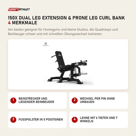 Titanium Strength 150X Dual Leg Extension & Prone Leg Curl Bank mit 4 Merkmalen: Beinstrecker und liegender Beinbeuger, Wechsel per Pin ohne Umbauen, Fußpolster in 5 Positionen, Lehne mit 6 Tiefen und 7 Winkeln