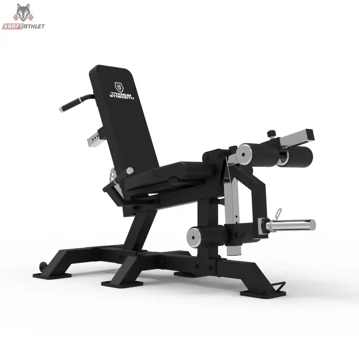 Titanium Strength 150X Dual Leg Extension & Prone Leg Curl Bank, Schrägansicht mit Rückenlehne, Beinpolstern und Hantelscheibenaufnahme