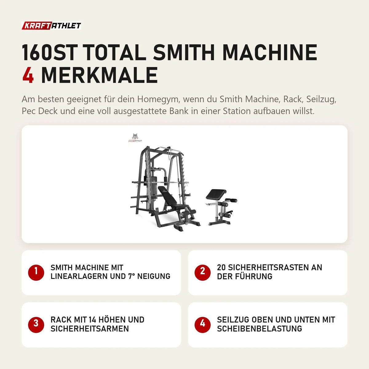 Titanium Strength 160ST Total Smith Machine mit 4 Merkmalen: Smith Machine mit Linearlagern und 7° Neigung, 20 Sicherheitsrasten an der Führung, Rack mit 14 Höhen und Sicherheitsarmen, Seilzug oben und unten mit Scheibenbelastung