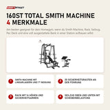 Titanium Strength 160ST Total Smith Machine mit 4 Merkmalen: Smith Machine mit Linearlagern und 7° Neigung, 20 Sicherheitsrasten an der Führung, Rack mit 14 Höhen und Sicherheitsarmen, Seilzug oben und unten mit Scheibenbelastung