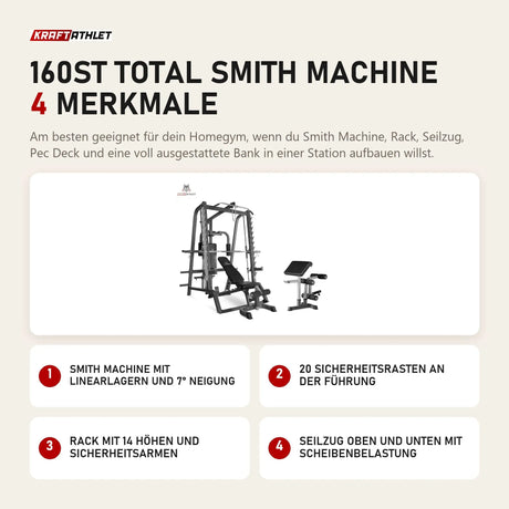 Titanium Strength 160ST Total Smith Machine mit 4 Merkmalen: Smith Machine mit Linearlagern und 7° Neigung, 20 Sicherheitsrasten an der Führung, Rack mit 14 Höhen und Sicherheitsarmen, Seilzug oben und unten mit Scheibenbelastung