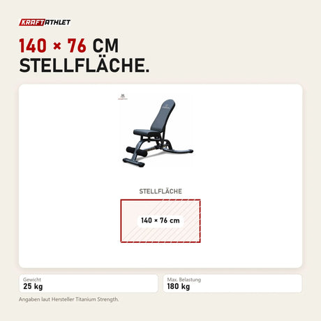 Maßbild Titanium Strength 180DB Dxe FID Utility Hantelbank: Stellfläche 140 × 76 cm
