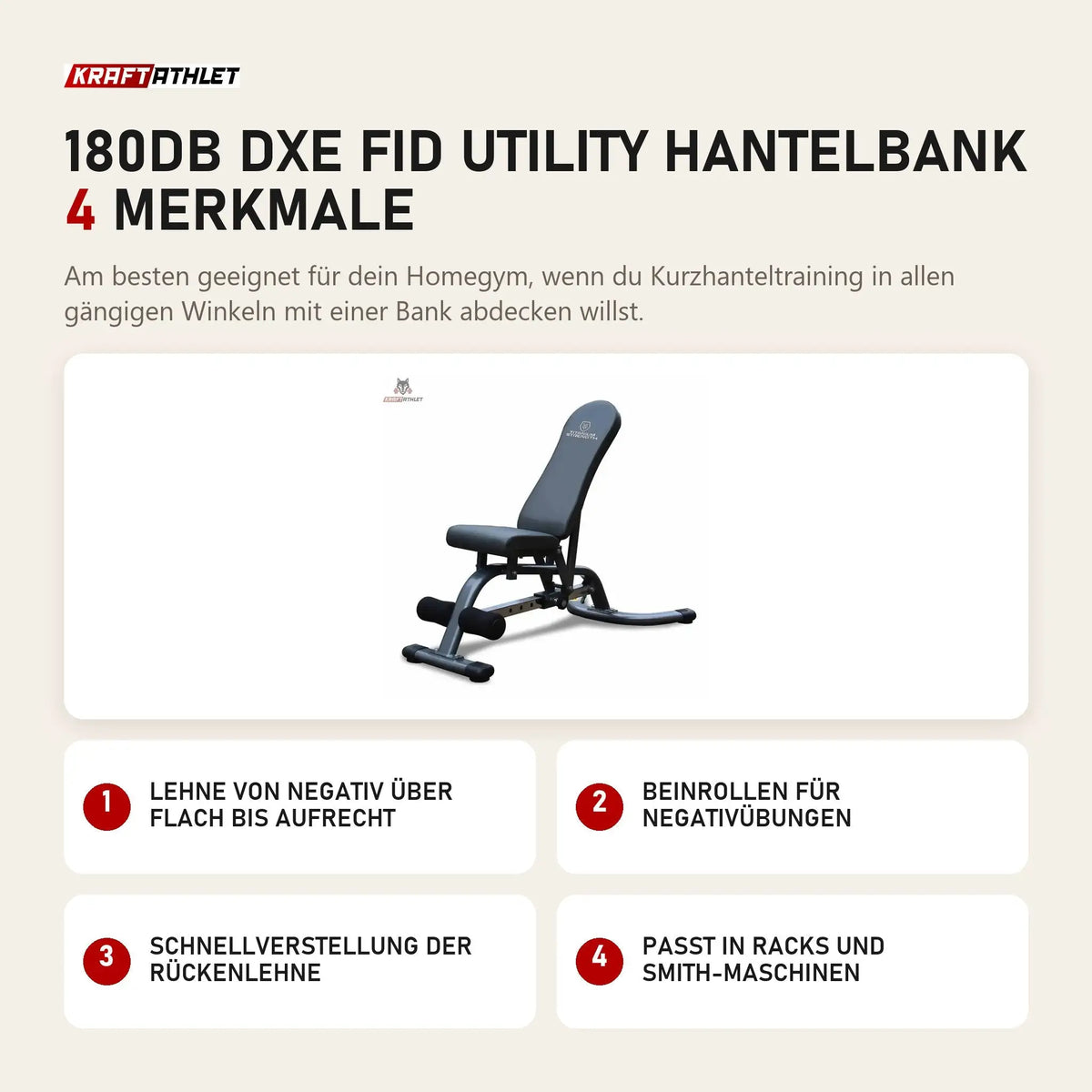Titanium Strength 180DB Dxe FID Utility Hantelbank mit 4 Merkmalen: Lehne von negativ über flach bis aufrecht, Beinrollen für Negativübungen, Schnellverstellung der Rückenlehne, Passt in Racks und Smith-Maschinen
