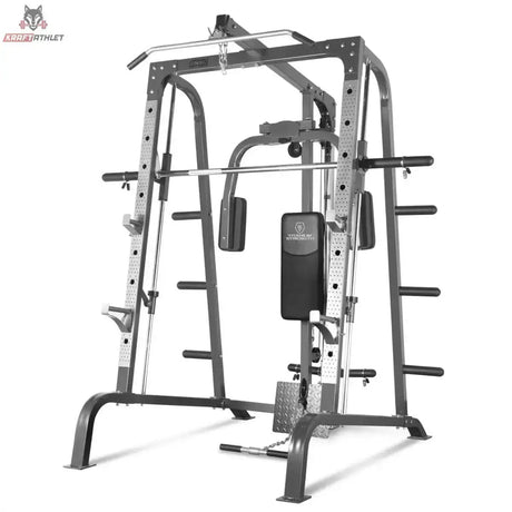 Titanium Strength 180SP Total Smith Machine – Frontansicht mit Gewichtsblock, Latzug und Multipressen-Stange