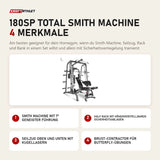 Titanium Strength 180SP Total Smith Machine mit 4 Merkmalen: Smith Machine mit 7° geneigter Führung, Half Rack mit höhenverstellbaren Sicherheitsablagen, Seilzug oben und unten mit Kugellagern, Brust-Contractor für Butterfly-Übungen