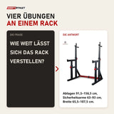 Frage und Antwort zu Titanium Strength 280RS Squat Rack / Dip Stand: Wie weit lässt sich das Rack verstellen?