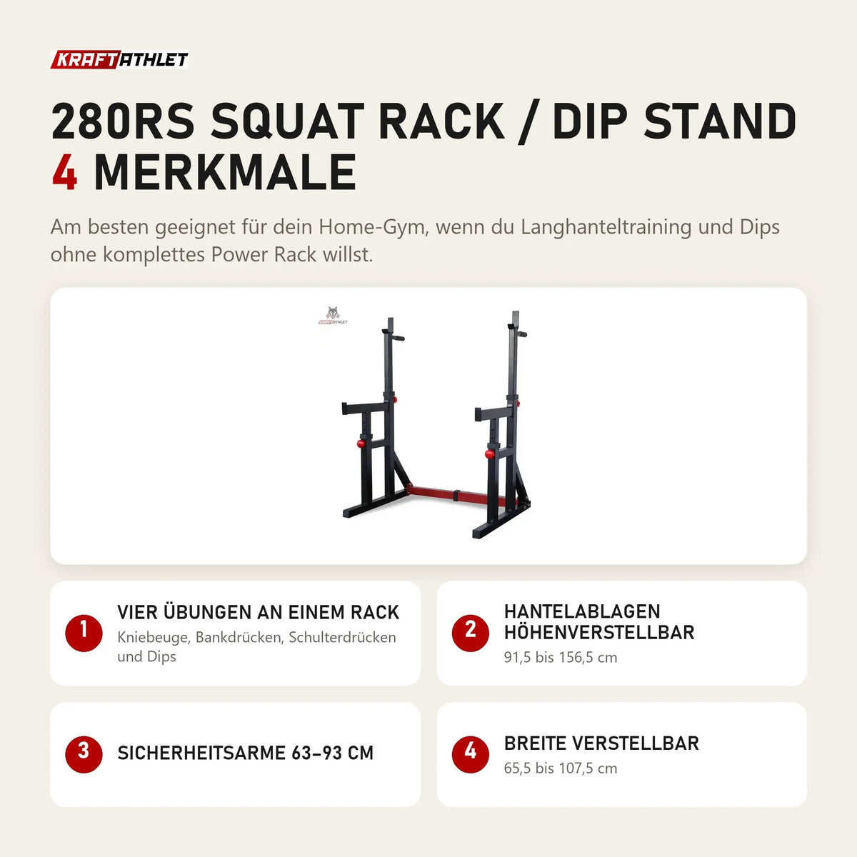 Titanium Strength 280RS Squat Rack / Dip Stand mit 4 Merkmalen: Vier Übungen an einem Rack, Hantelablagen höhenverstellbar, Sicherheitsarme 63–93 cm, Breite verstellbar