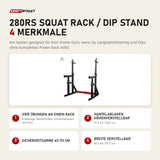 Titanium Strength 280RS Squat Rack / Dip Stand mit 4 Merkmalen: Vier Übungen an einem Rack, Hantelablagen höhenverstellbar, Sicherheitsarme 63–93 cm, Breite verstellbar