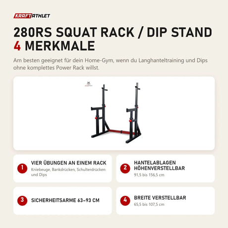 Titanium Strength 280RS Squat Rack / Dip Stand mit 4 Merkmalen: Vier Übungen an einem Rack, Hantelablagen höhenverstellbar, Sicherheitsarme 63–93 cm, Breite verstellbar