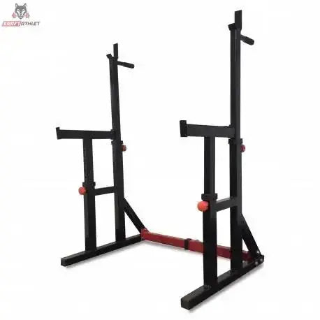 Titanium Strength 280RS Squat Rack / Dip Stand in Seitenansicht leicht schräg, beide Ständer mit roten Verstellknöpfen