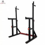Titanium Strength 280RS Squat Rack / Dip Stand in Seitenansicht leicht schräg, beide Ständer mit roten Verstellknöpfen